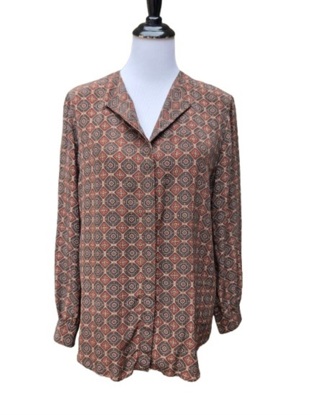 Liz Claiborne VTG 100% Silk Button-Up Blouse Geo-Print Kaleidoscope Brown Orange